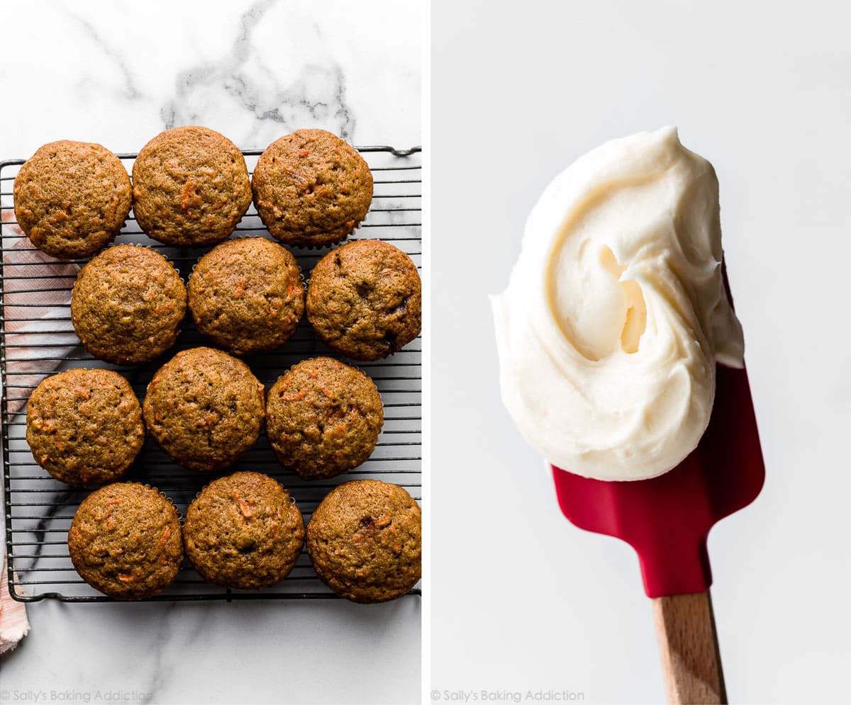 carrot cupcakes and cream cheese frosting on spatula