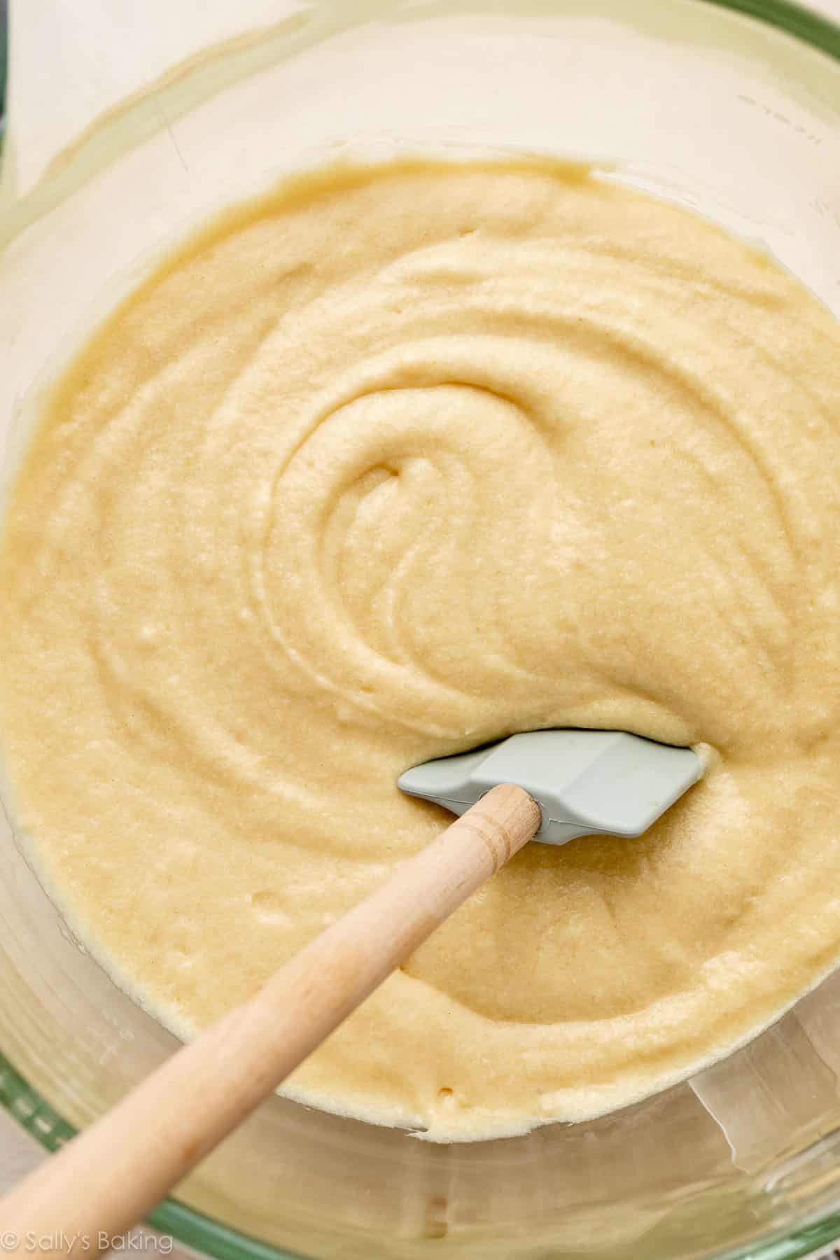 vanilla cake batter in glass bowl.