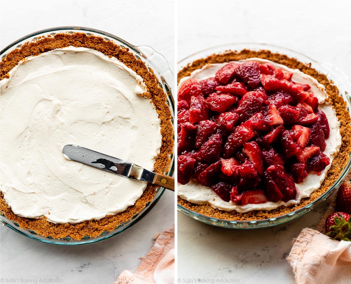 spreading cream cheese filling into graham cracker crust and then topping with strawberry topping