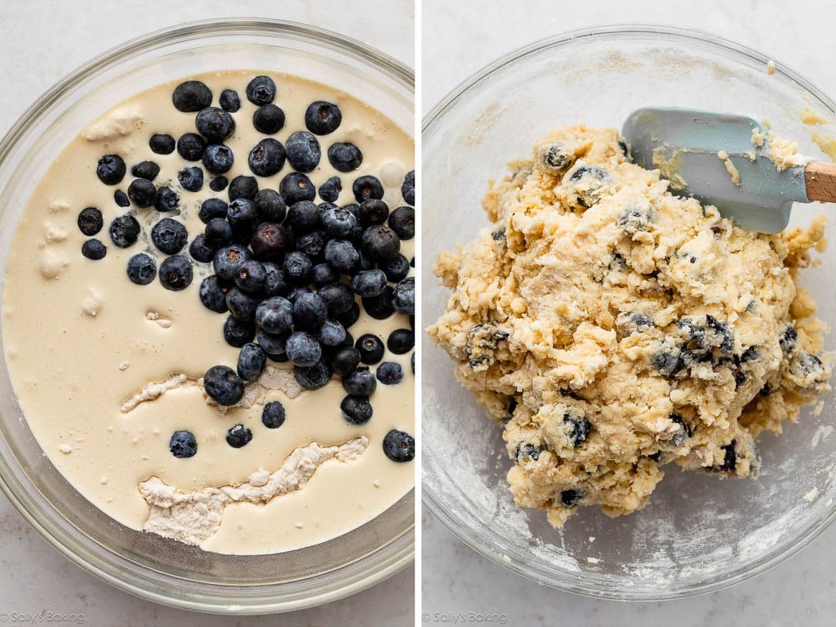 blueberries in bowl with liquid ingredients and shown again mixed together into a dough.