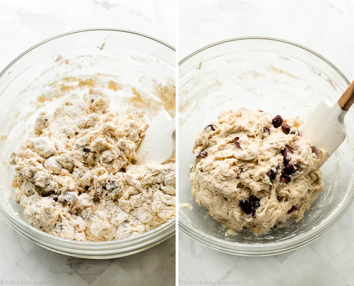 mixing shaggy dough together in glass bowl