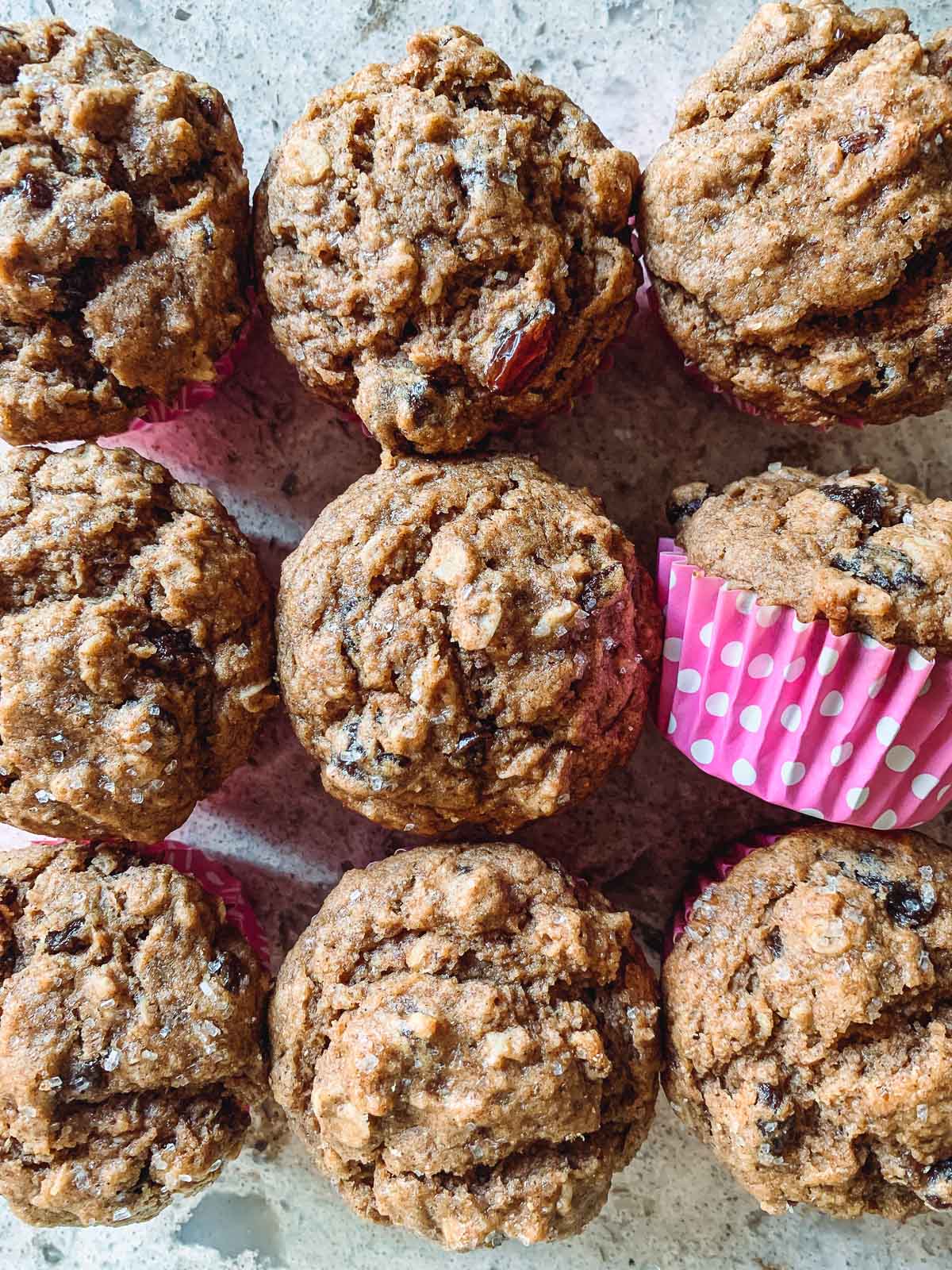 applesauce muffins in pink polka dot cupcake liners.