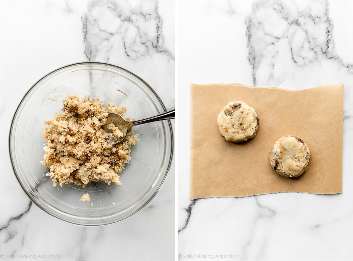 chocolate chip cake crumbs mixed with frosting and shaped into flat cake pop discs.
