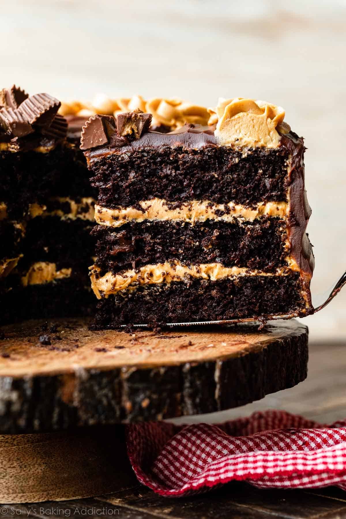 removing a slice of chocolate peanut butter cake with cake server.
