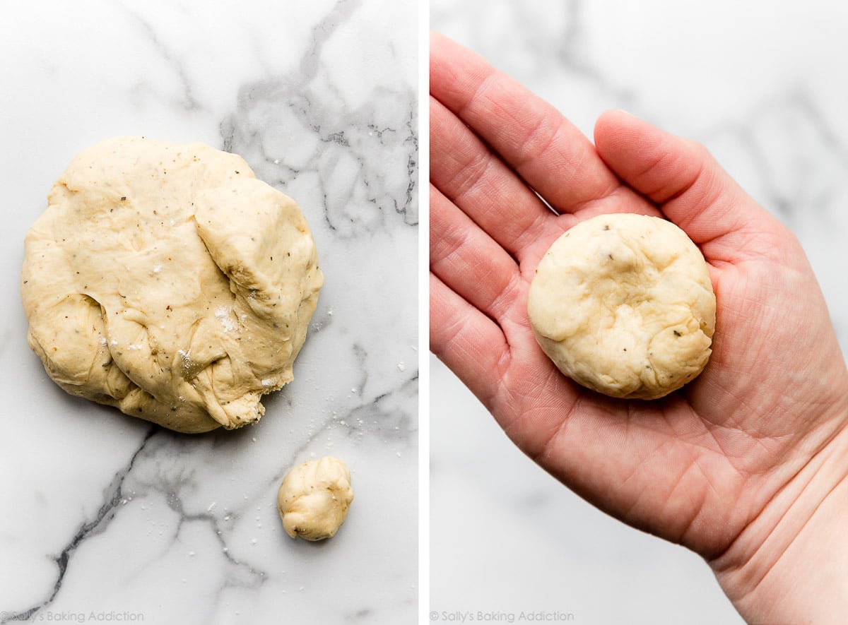 slab of dough on counter with 1 small piece removed and shown again in hand to display shaping.