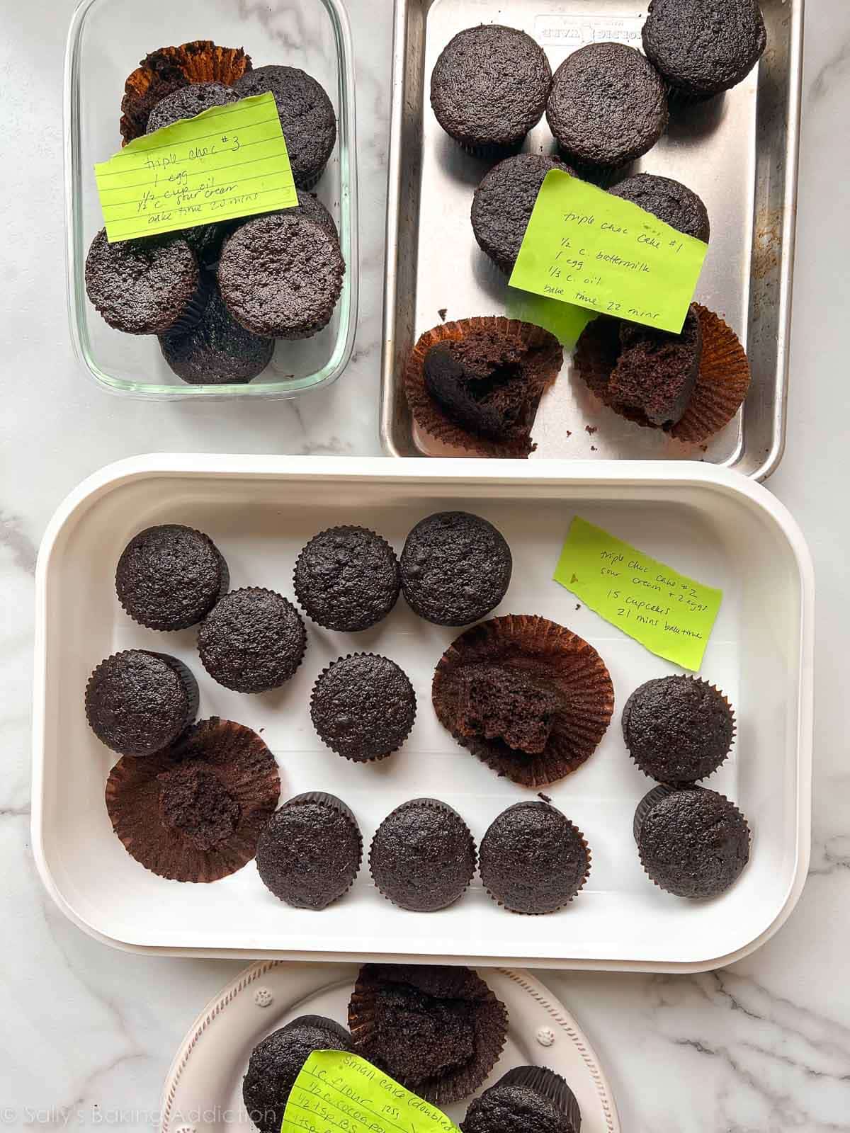 chocolate cupcakes in various containers.