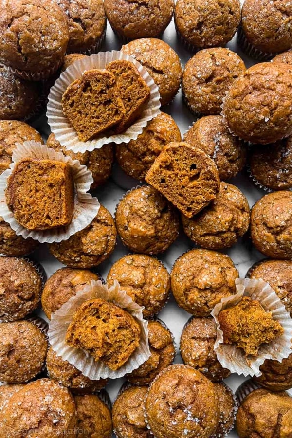 overhead photo of 30+ pumpkin muffins.
