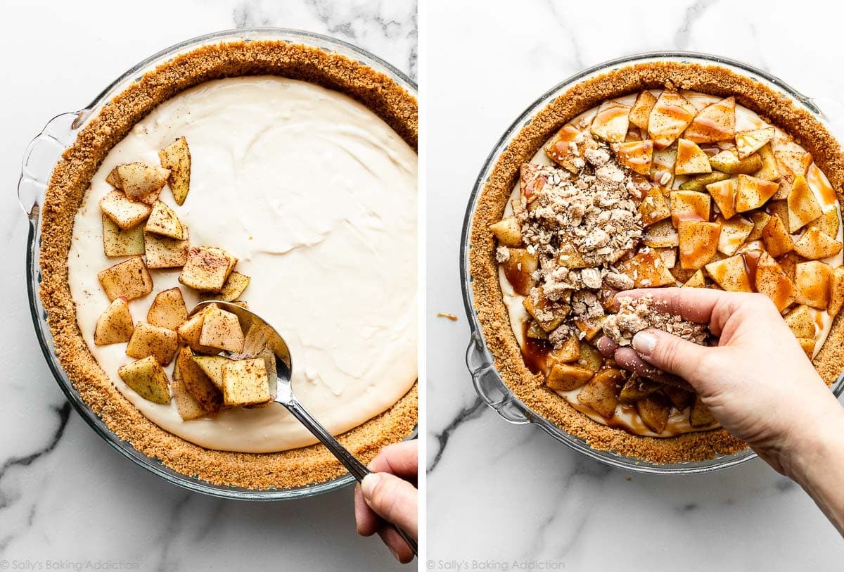 spooning cinnamon apples on top of cream cheese batter inside graham cracker crust and pictured again layering with streusel.