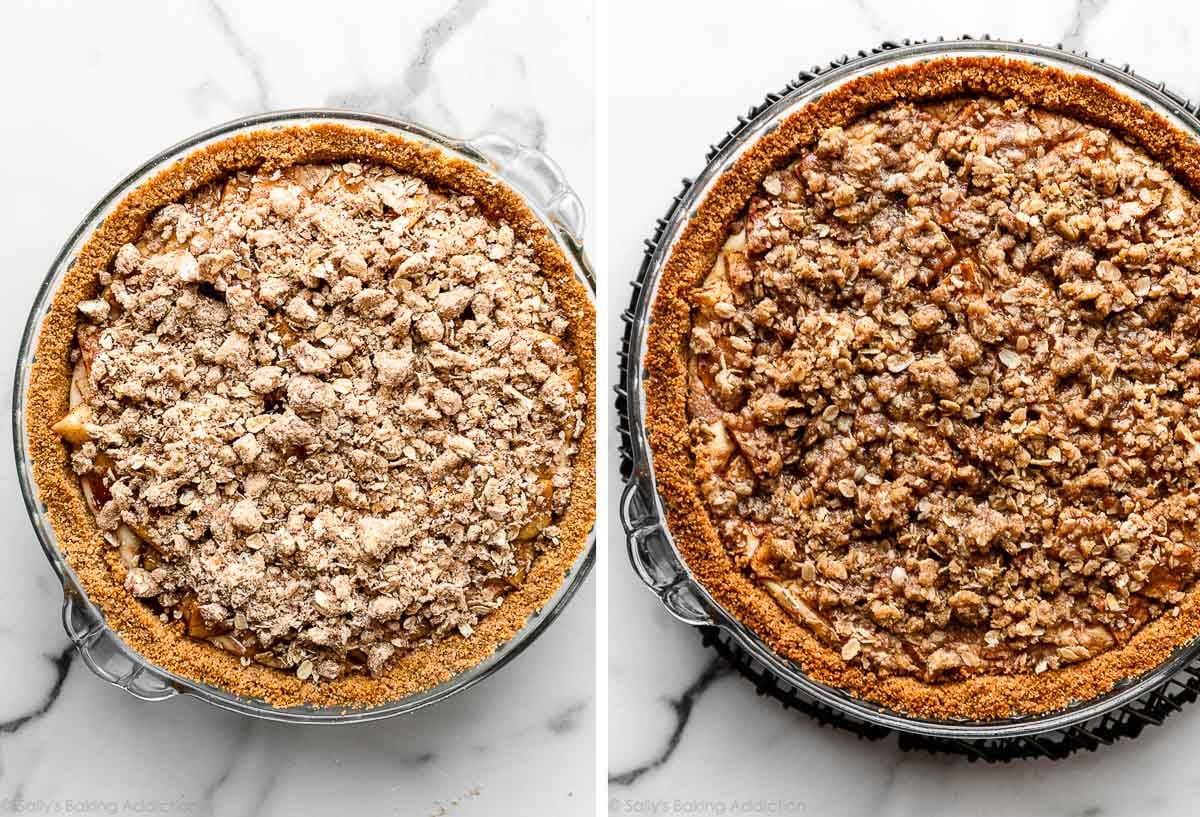 streusel on top of pie with graham cracker crust pictured before and after baking in glass dish.