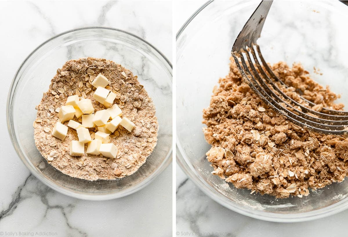 cubes of butter on top of dry ingredients and shown again cut in with pastry cutter.