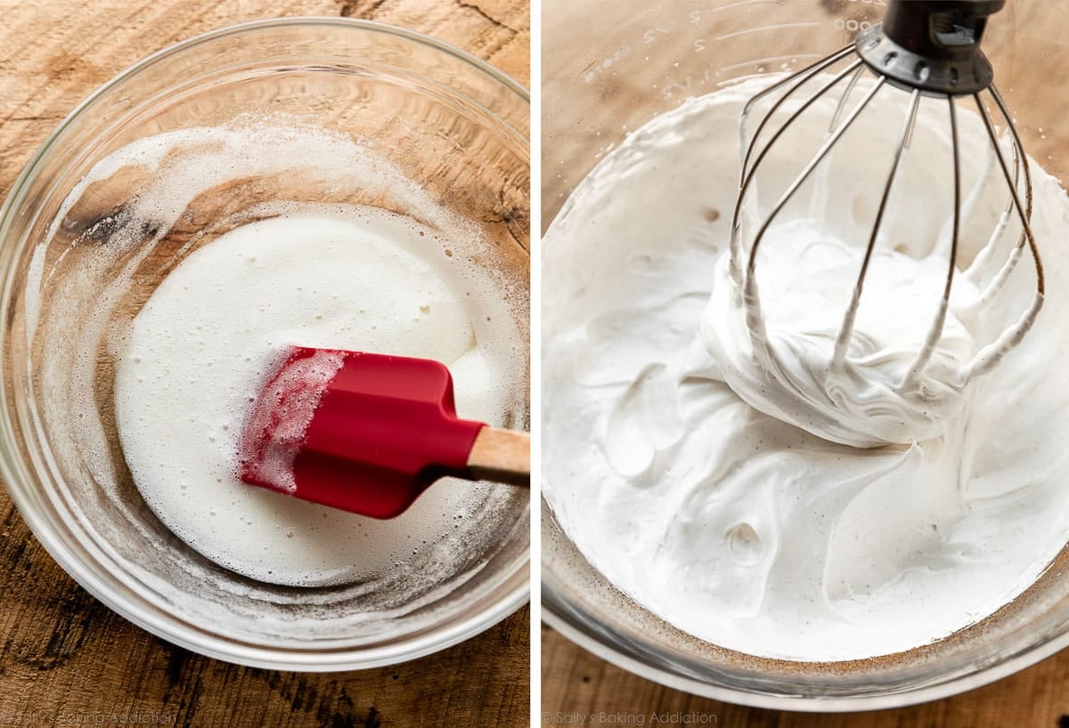 white meringue mixture in glass bowl and shown again whipped and fluffy with whisk attachment.