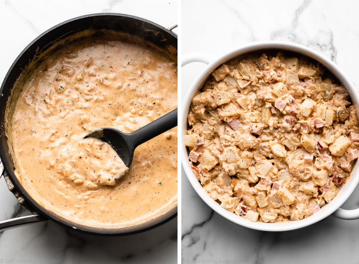 creamy sauce in skillet and ham potato casserole before baking.