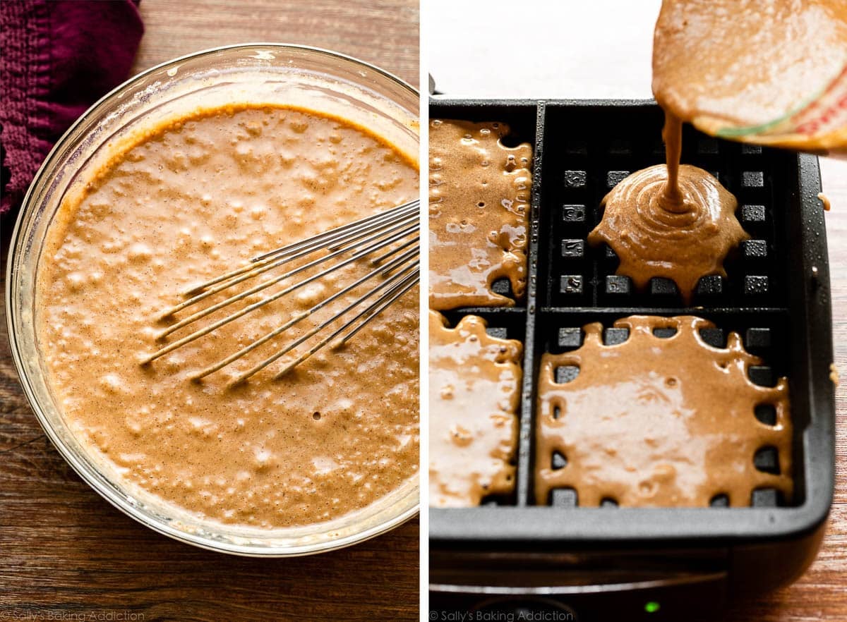 batter in glass bowl and shown again being poured in a waffle maker.