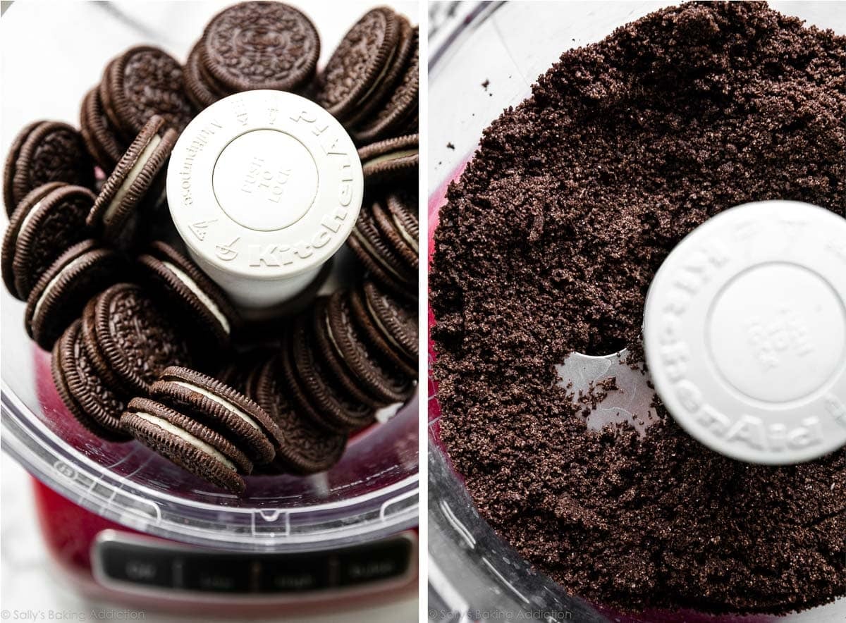 cream-filled chocolate cookie sandwiches in food processor and shown again ground into crumbs.