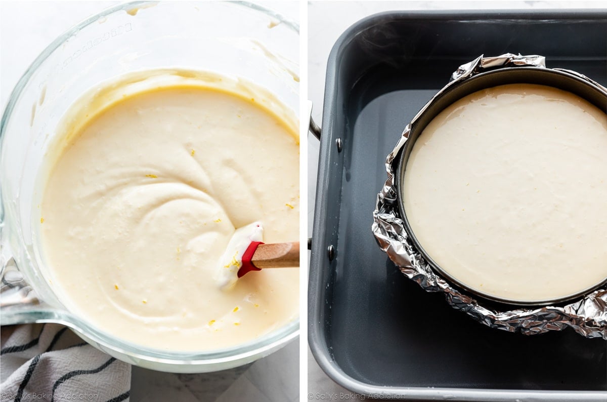 batter in glass bowl and shown again in springform pan in big pan of water.