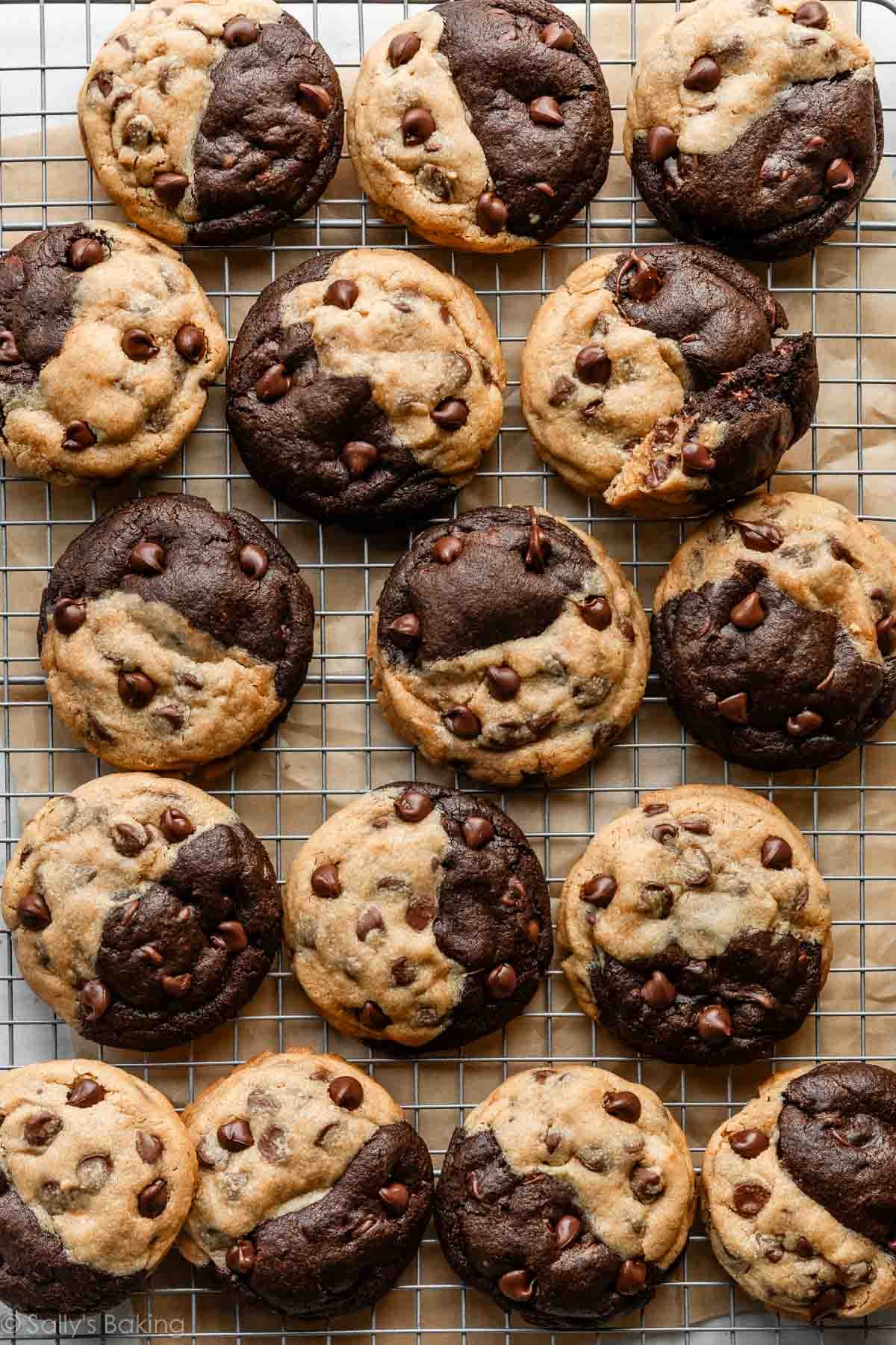 peanut butter chocolate swirl cookies on a cooling rack.
