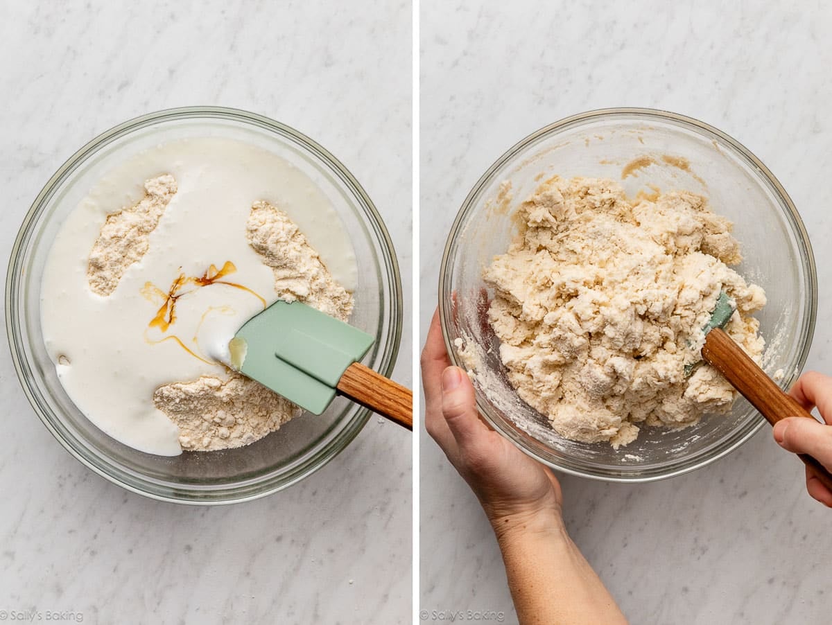 dry ingredients in bowl with buttermilk and shown again being stirred together.