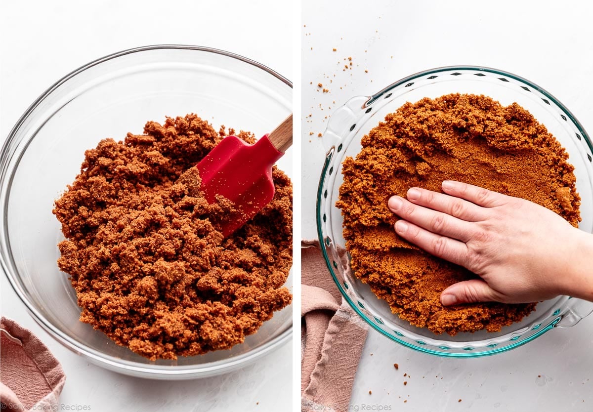 red spatula mixing crumbs together and hand pressing crumbs into pie dish.