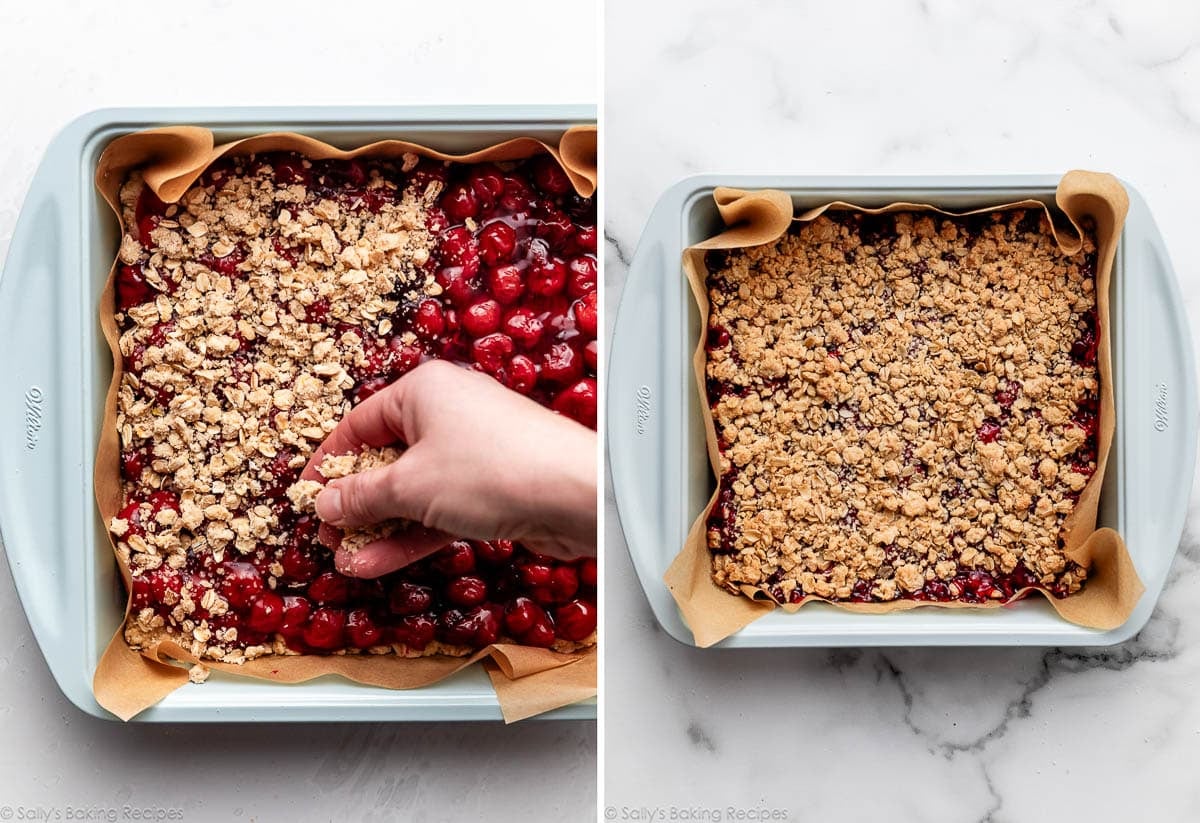 hands sprinkling crumb topping over cherries and the pan shown again after baking.