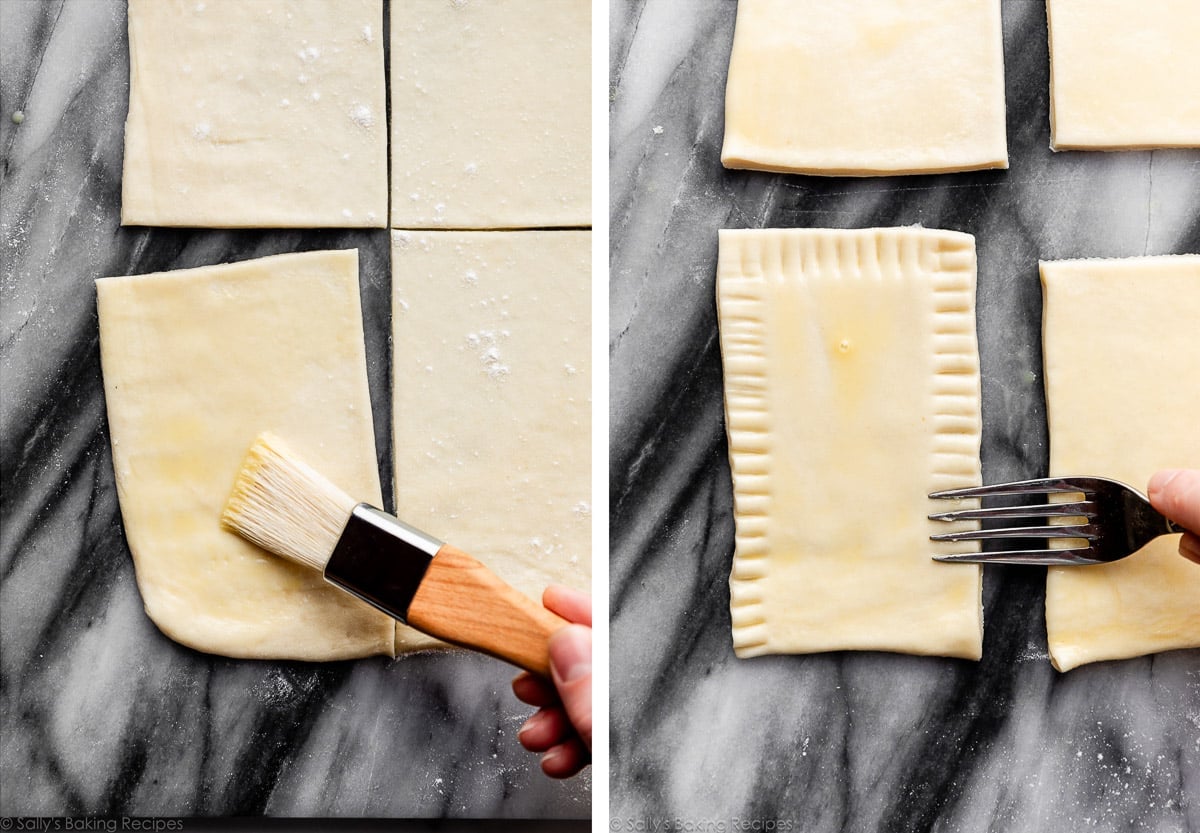 brushing on egg wash on rectangular-shaped dough and shown again crimping the edges with a fork.