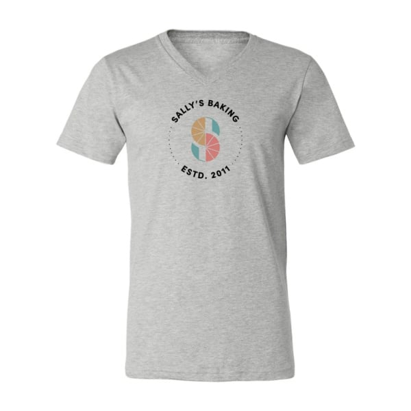 gray sally's baking logo vneck shirt.