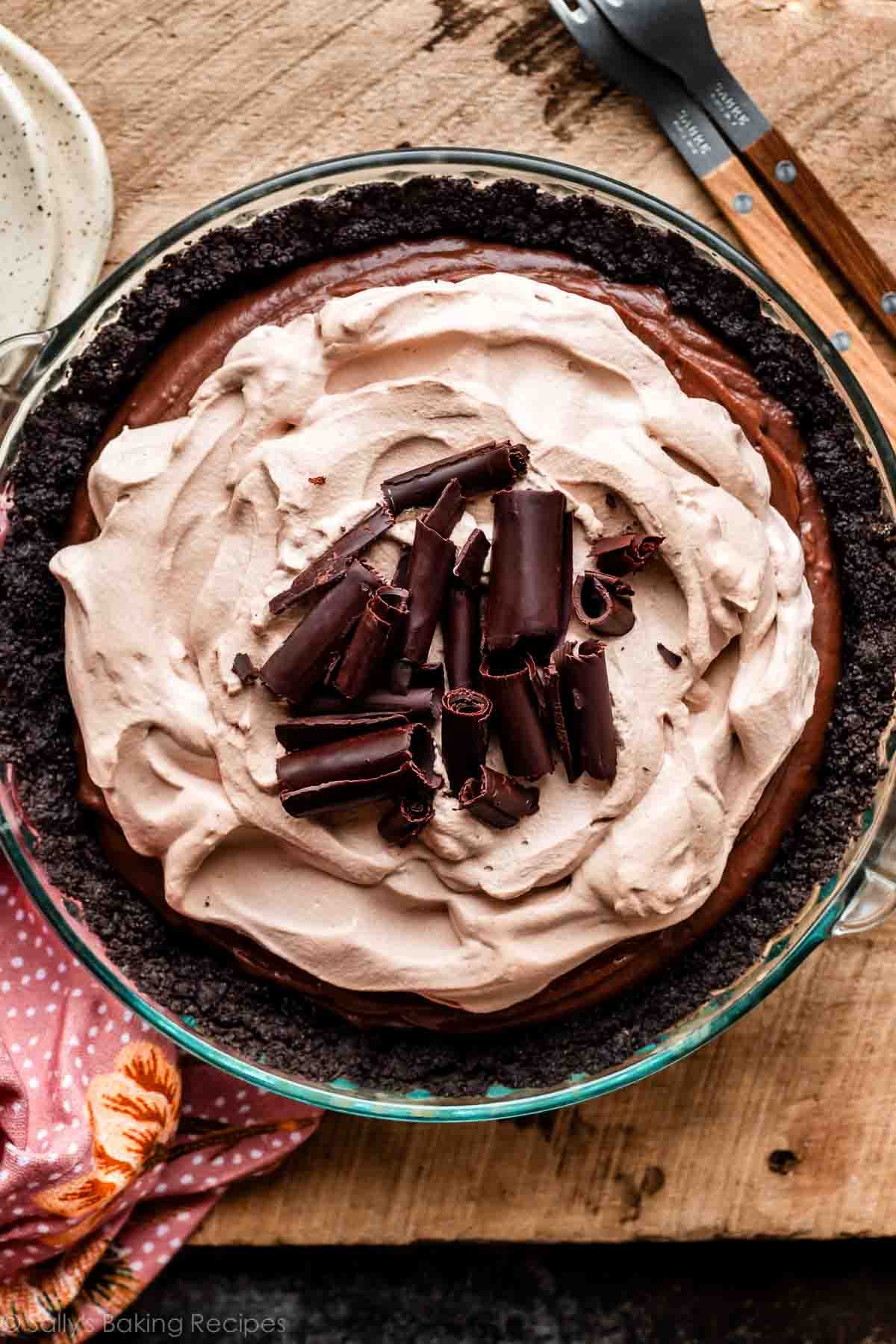 chocolate pudding pie in Oreo cookie crust with mocha whipped cream on top.