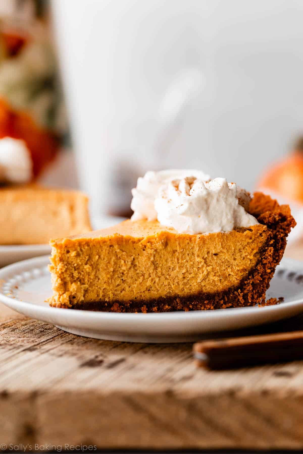 slice of pumpkin cheesecake pie on white plate.