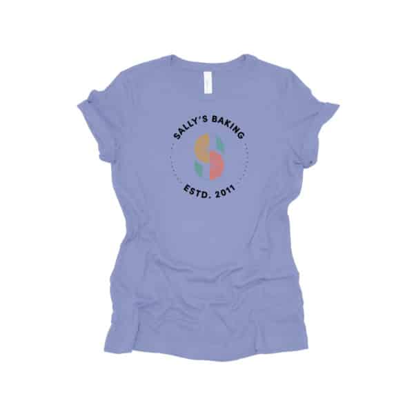 purple sally's baking logo shirt.