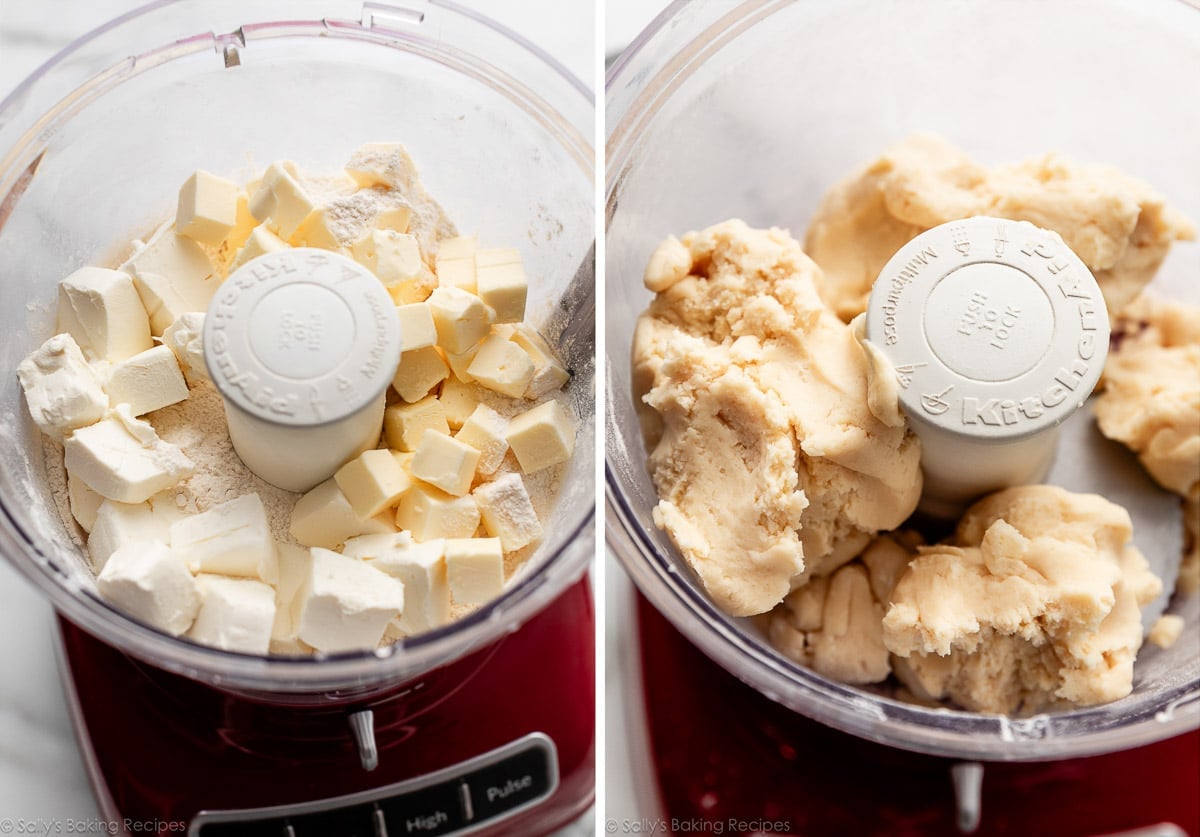 cream cheese and butter in food processor with flour and shown again mixed together.