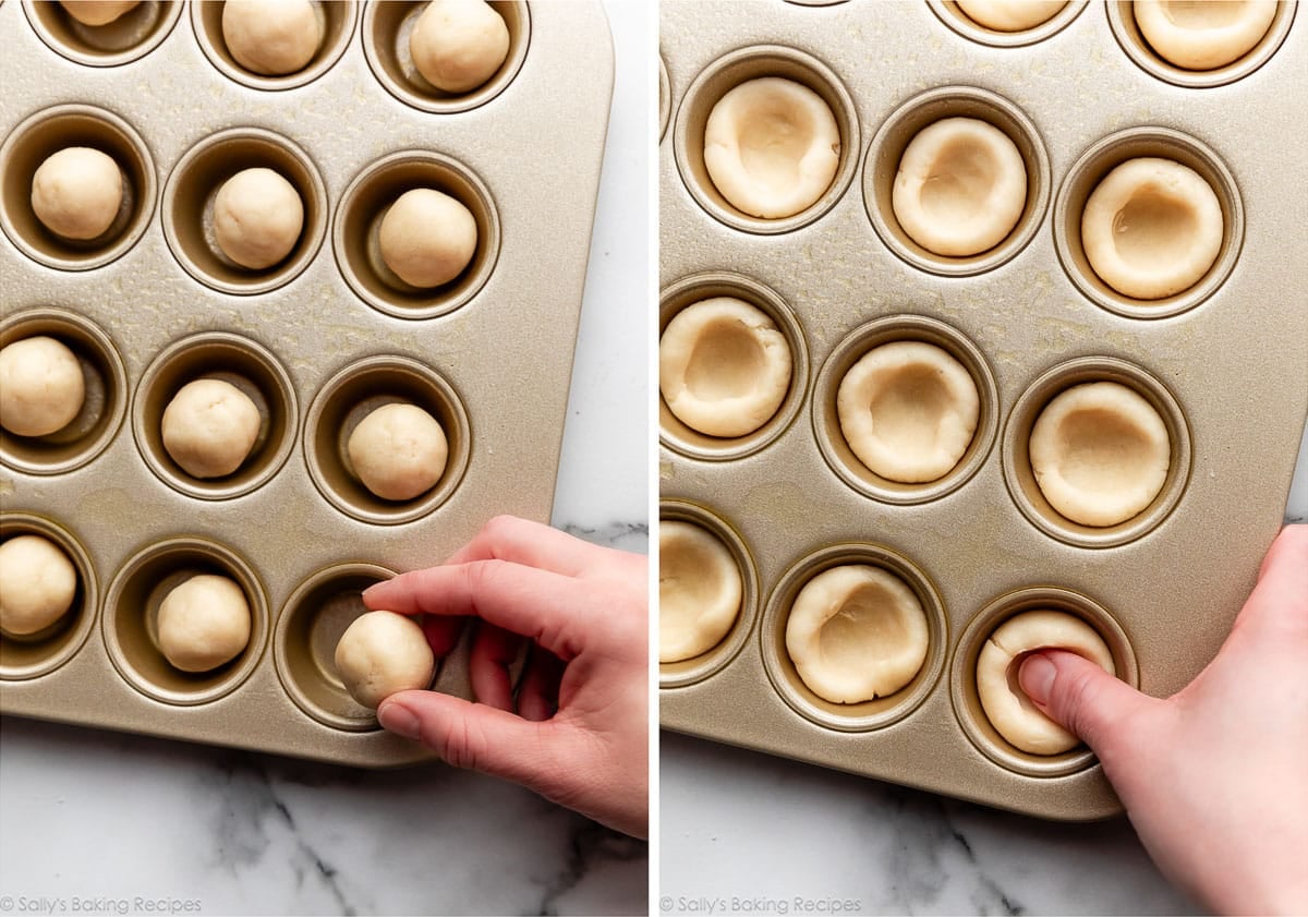 balls of dough in mini muffin pan and shown again being pressed with a thumb.