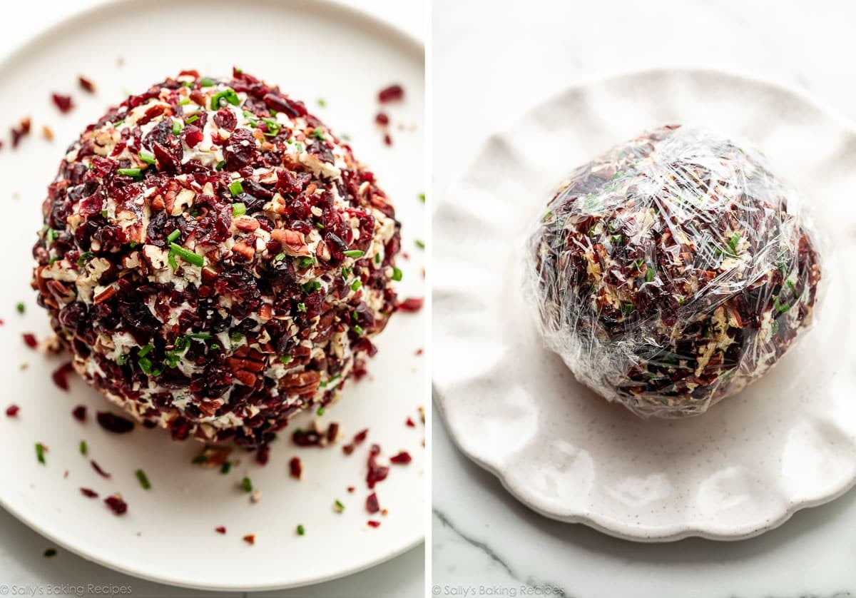 ball shaped on plate and shown again wrapped in plastic wrap.