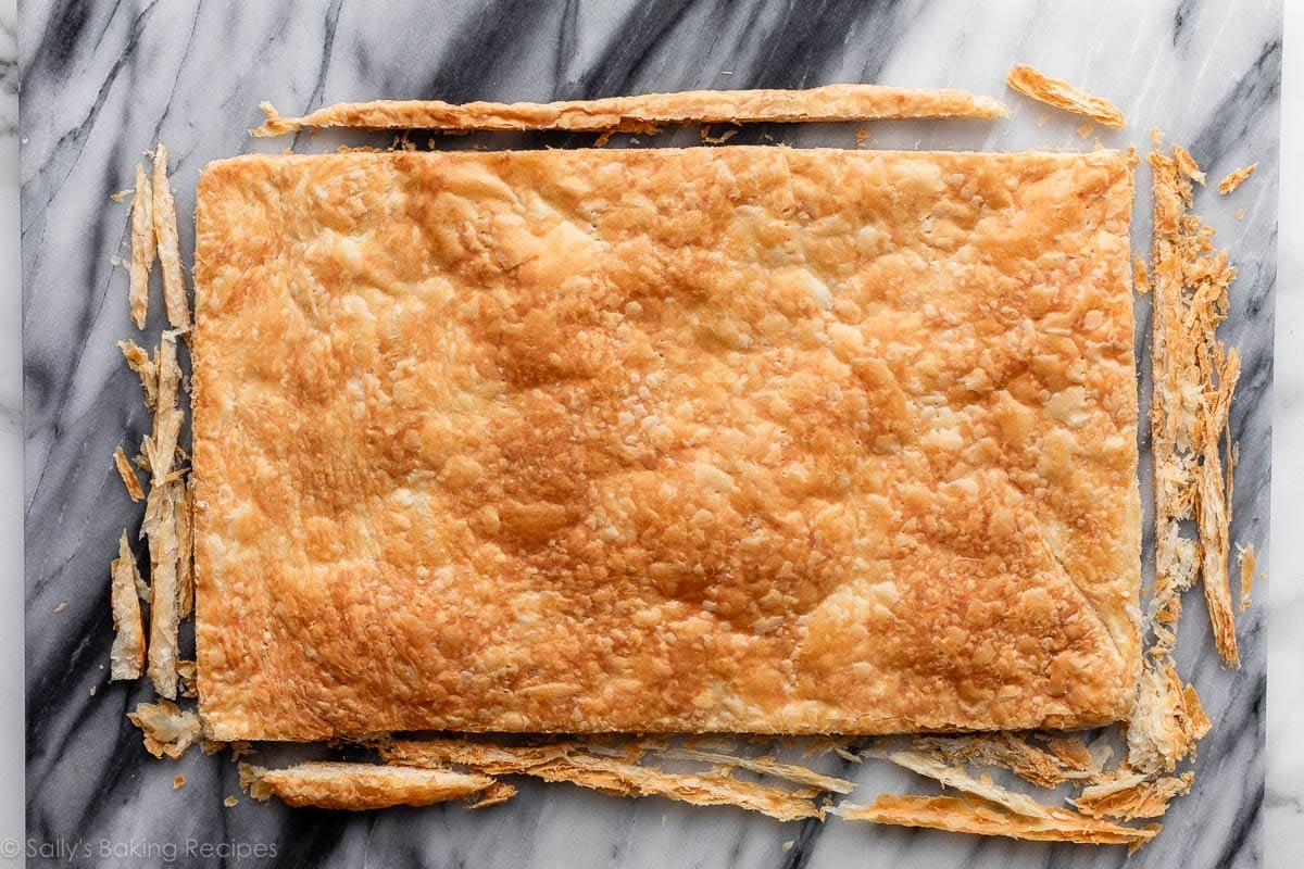 baked homemade puff pastry with edges trimmed off.