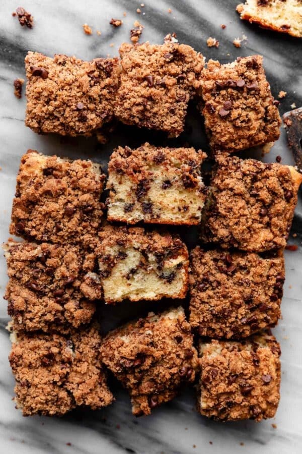 overhead photo of chocolate chip crumb cake.