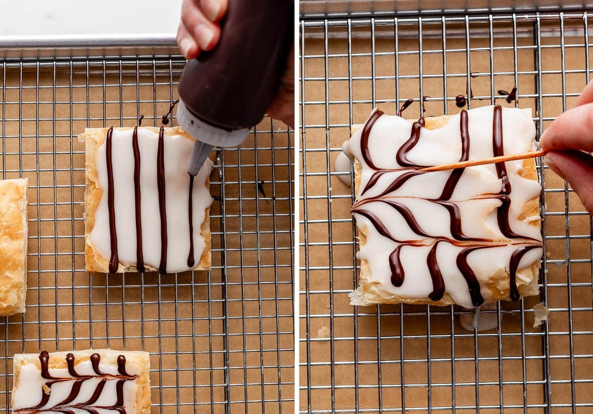 piping melted chocolate on top of icing on square of pastry and shown again running toothpick through it.