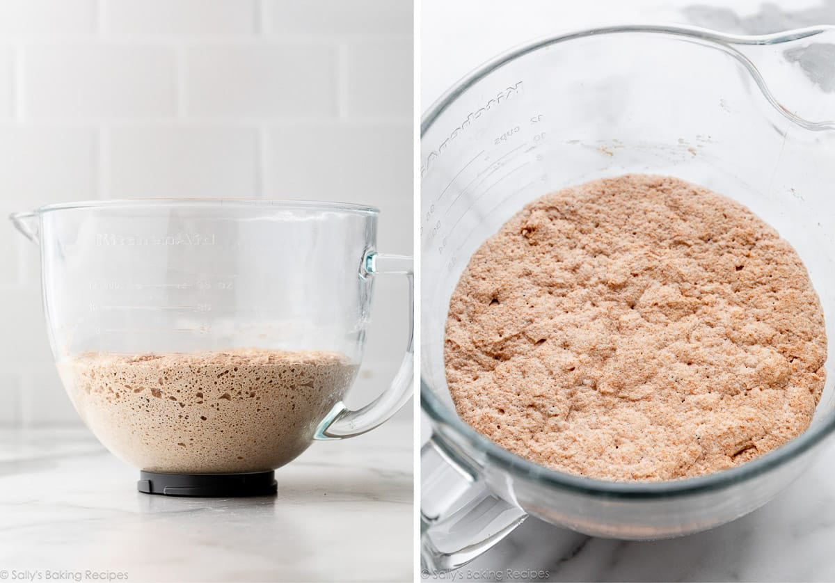 sponge dough mixture in glass bowl shown straight on and from above.