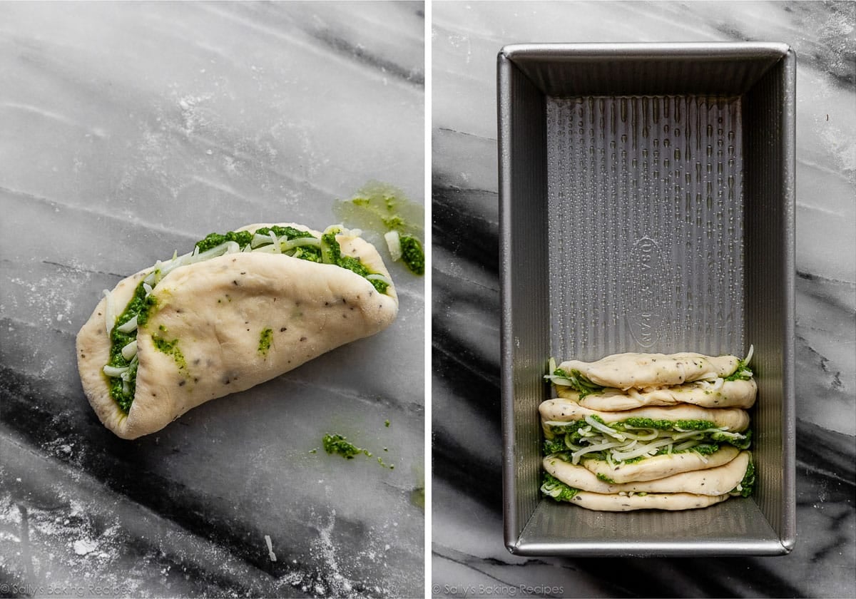 dough folded with pesto inside and shown again in a loaf pan.