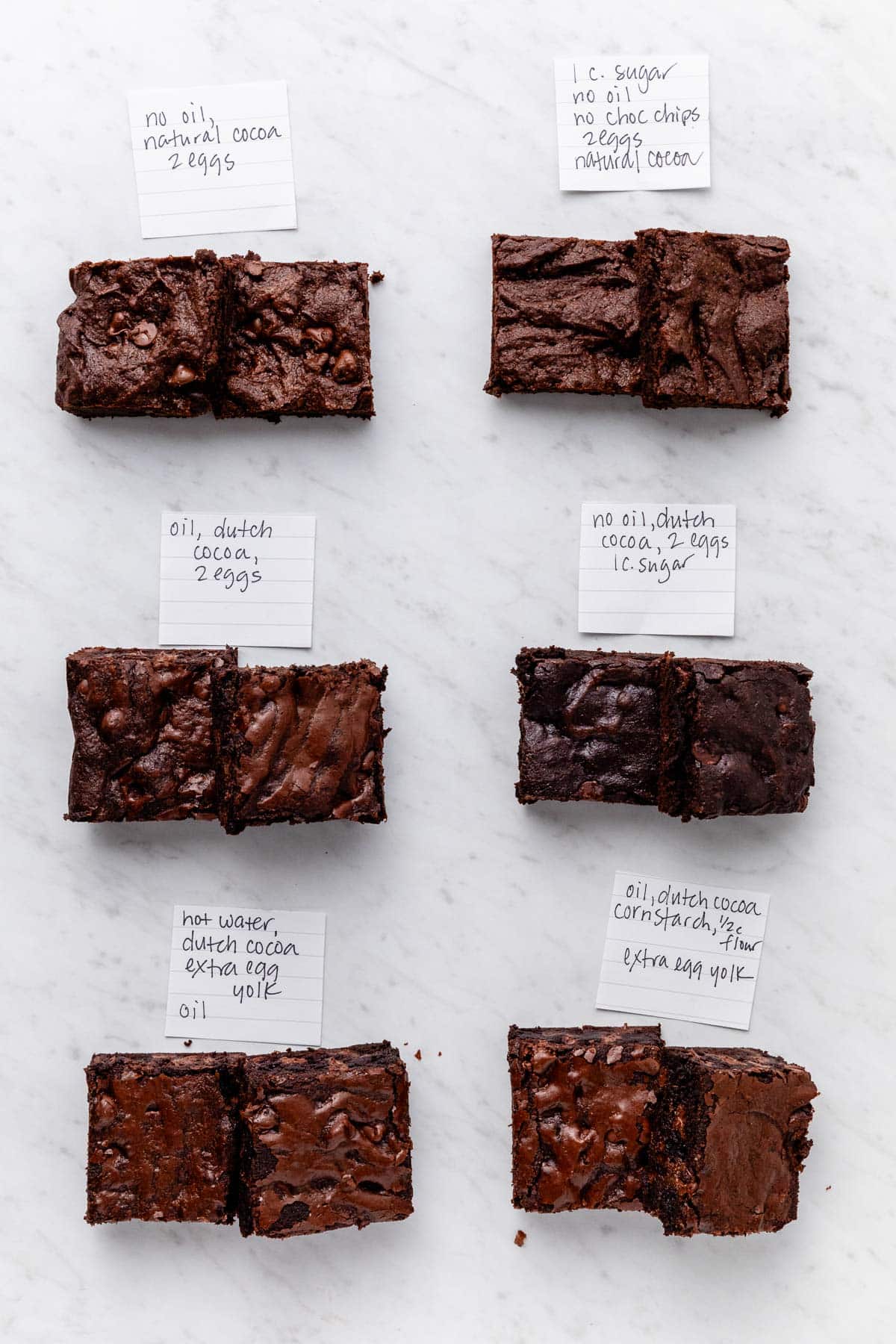 brownies compared together with notes on variations in recipe.