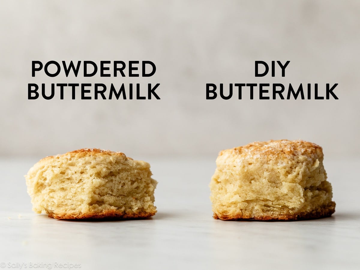 two biscuits next to each other with words powdered buttermilk and diy buttermilk over top.