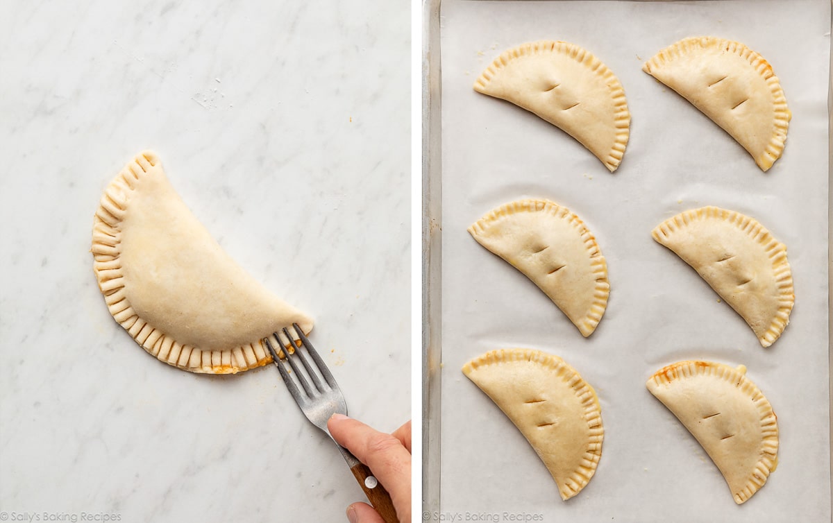 crimping half moon pie with fork and shown again on lined baking sheet.