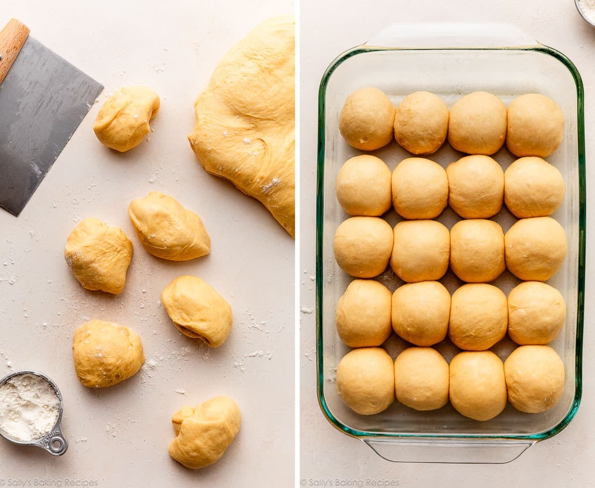 orange yeast dough cut into pieces and shown again as balls in glass baking dish.