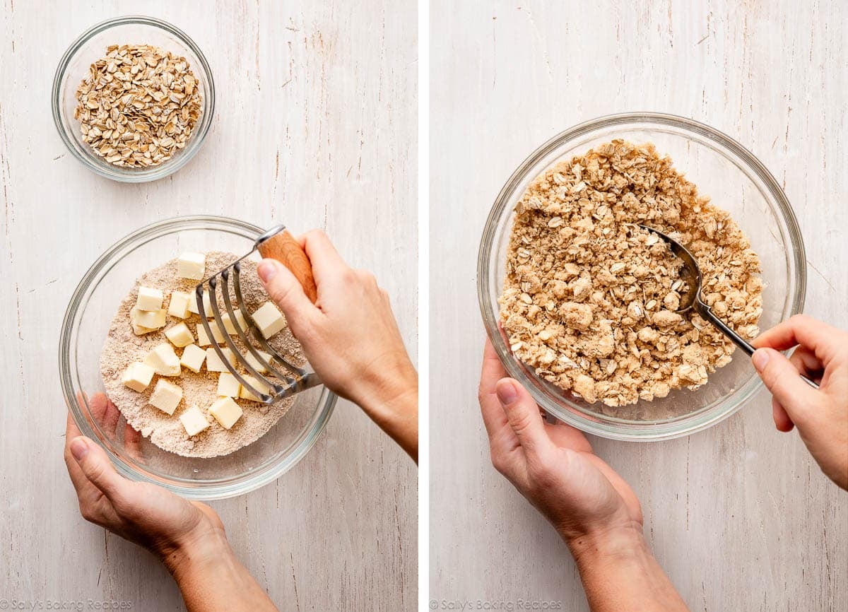 hand cutting butter into sugar flour mixture and shown again stirring with a spoon.