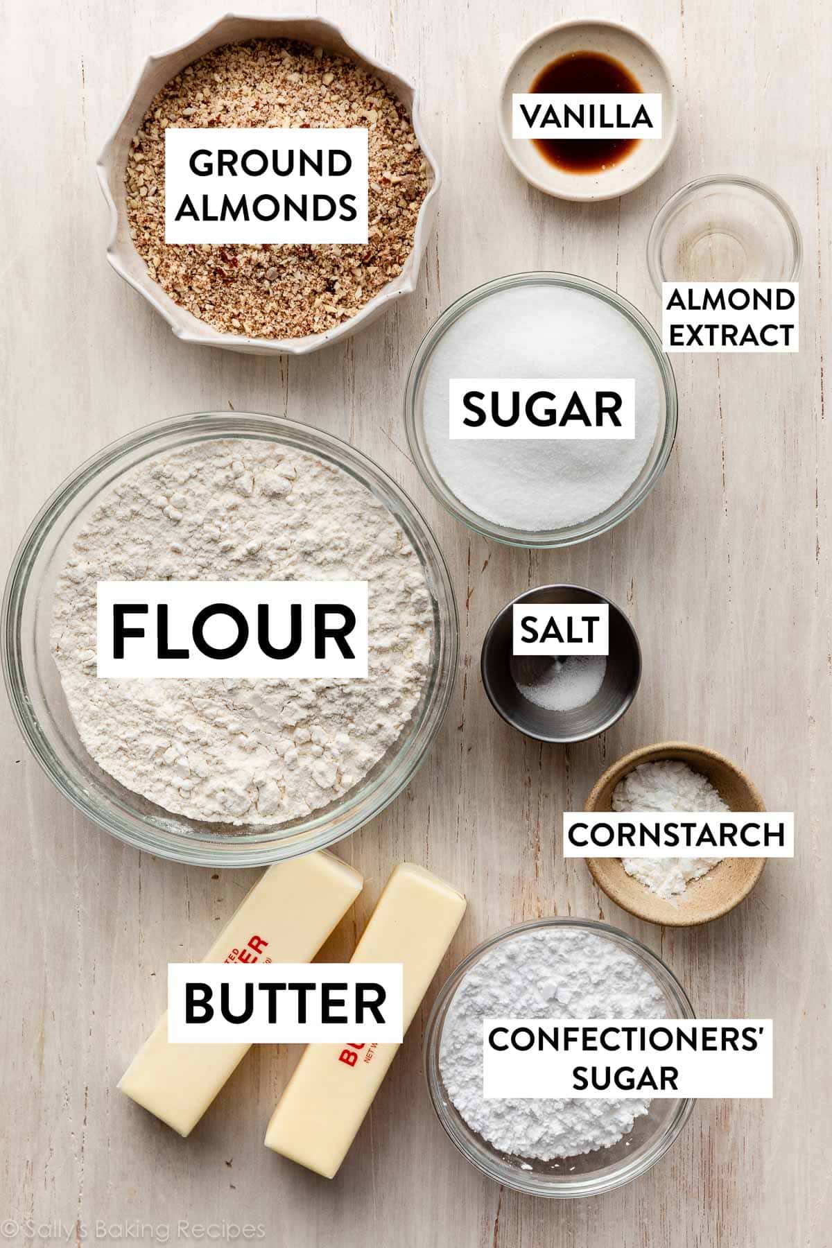 ground almonds, flour, sugar, vanilla, cornstarch, and butter ingredients.
