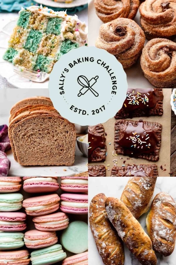 collage of recipe photos with a blue logo on top that says Sally's Baking Challenge