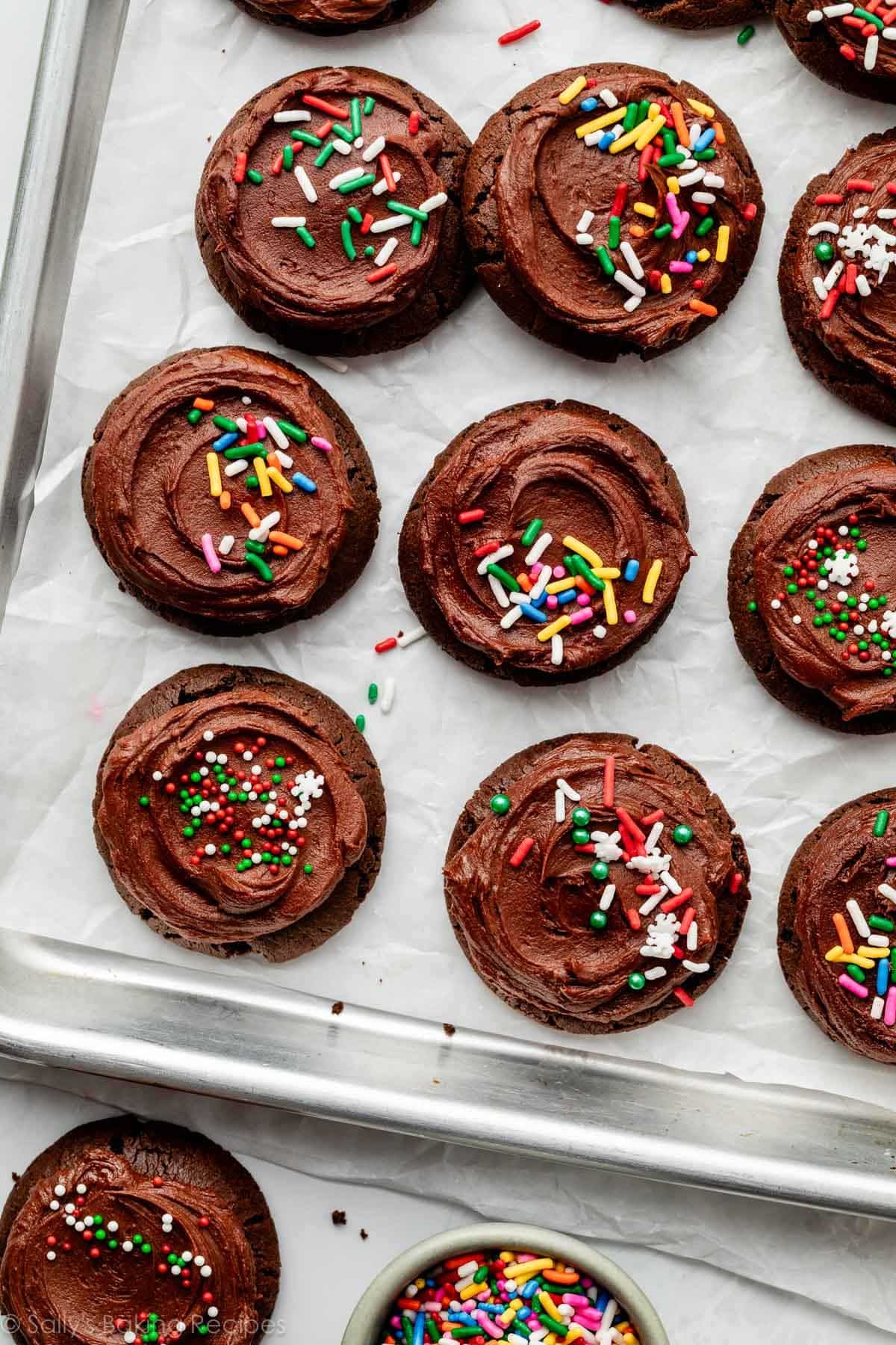 chocolate frosted cookies with rainbow and Christmas sprinkles.