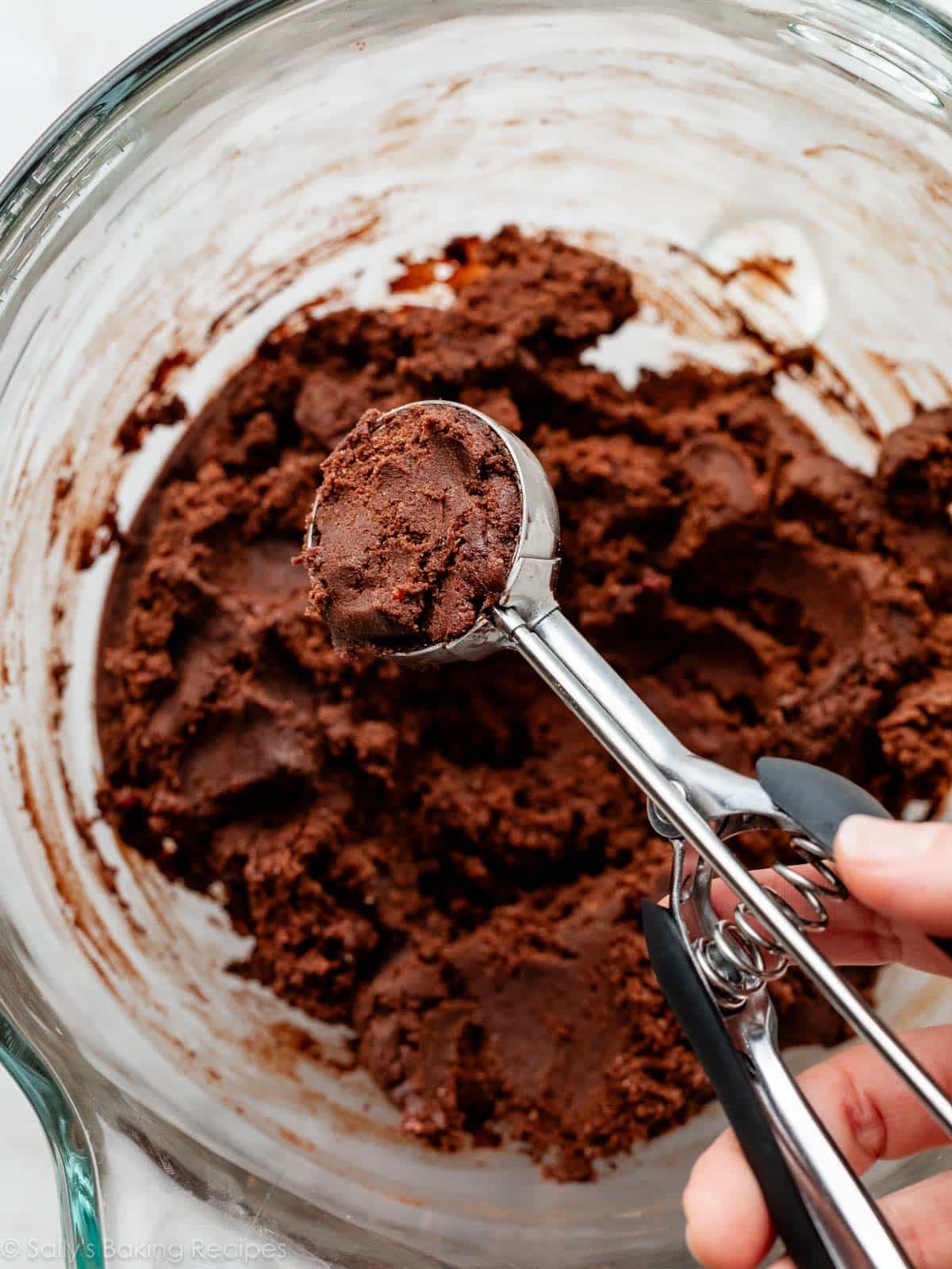 cookie scoop with chocolate cookie dough.