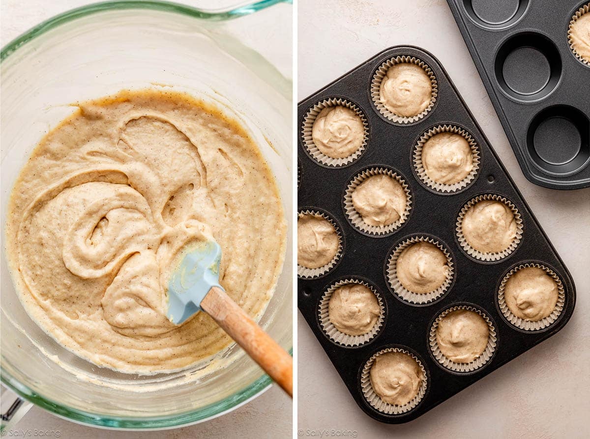 batter in glass bowl and shown again in lined muffin pans.