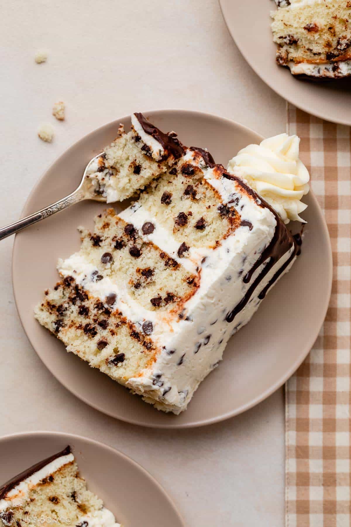 slice of chocolate chip 3 layer cake with chocolate ganache drip.