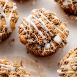 crumb cake muffin with icing.