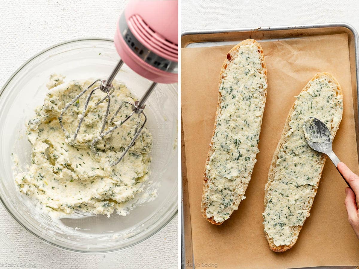 butter parsley mixture in bowl and shown again spread on pieces of bread.