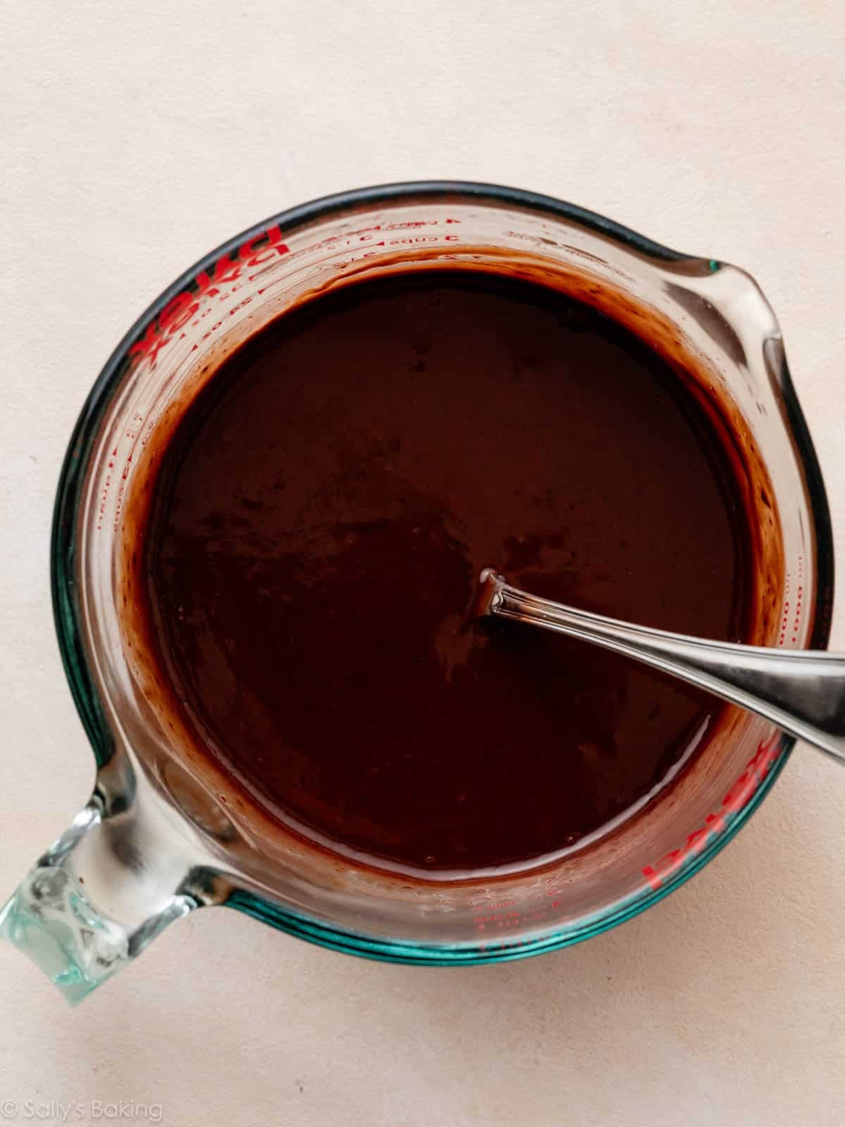 chocolate ganache in large liquid measuring cup.